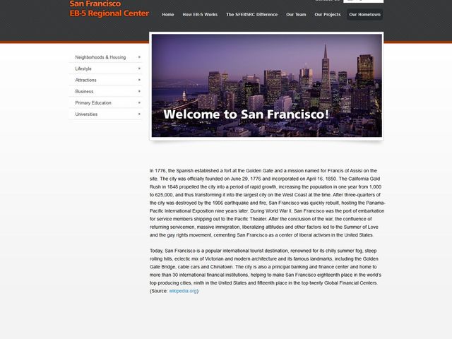 San Francisco EB-5 Regional Center screenshot