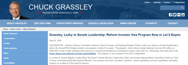 Grassley, Leahy to Senate Leadership: Reform Investor Visa Program Now or Let it Expire