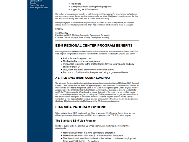 State of Michigan EB-5 Regional Center screenshot