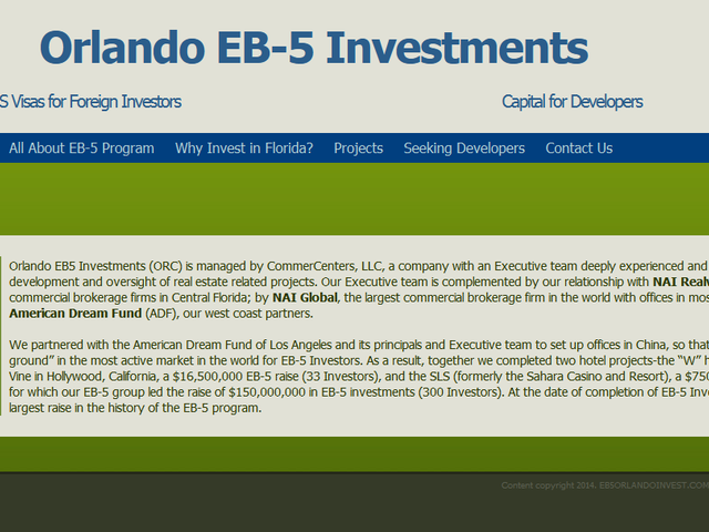 Orlando EB-5 Investments Regional Center screenshot