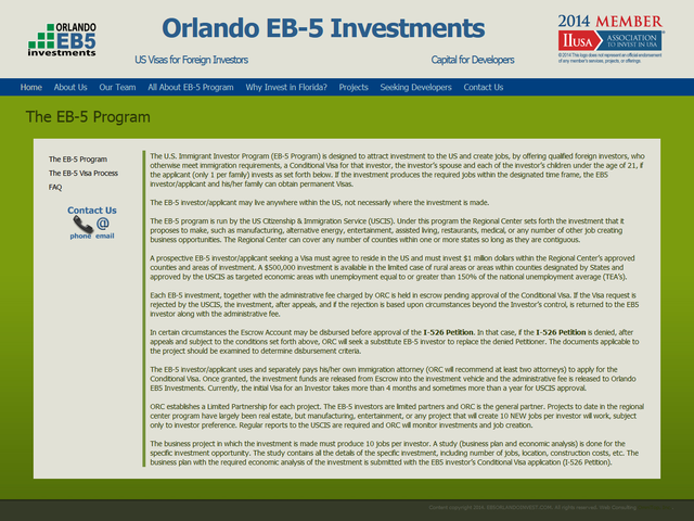 Orlando EB-5 Investments Regional Center screenshot