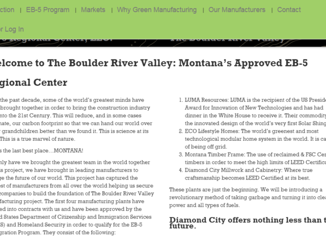 Diamond City Montana EB-5 Regional Center screenshot