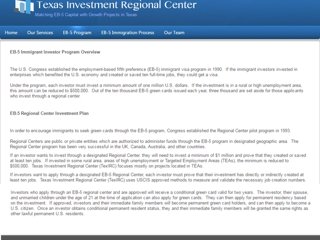 Texas Investment Regional Center screenshot