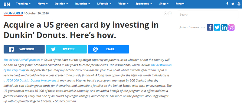 Acquire a US green card by investing in Dunkin’ Donuts. Here’s how.