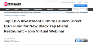 Top EB-5 Investment Firm to Launch Direct EB-5 Fund for New Black Tap Miami Restaurant – Join Virtual Webinar